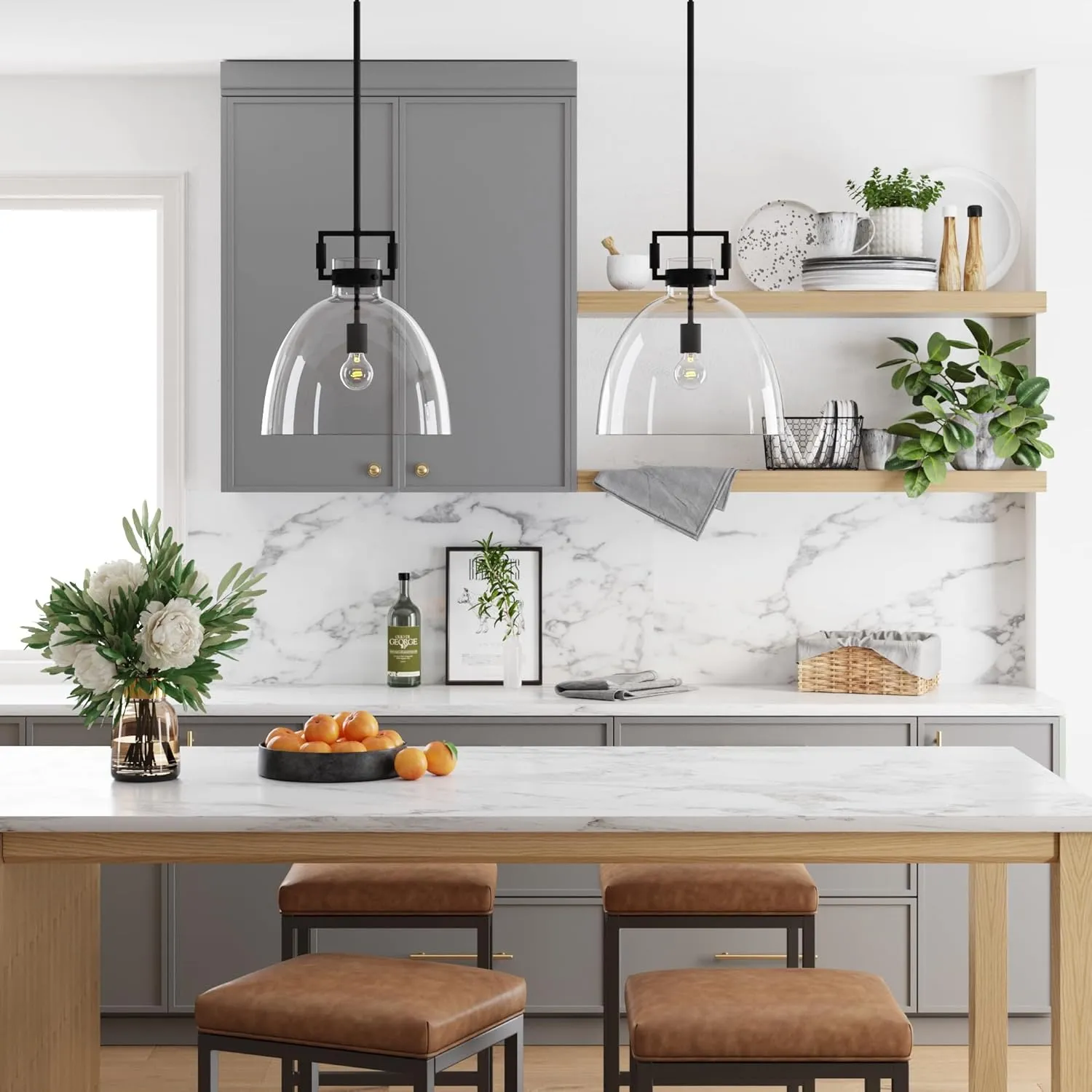 Nathan James Leigh Pendant Lighting, Black Hanging Ceiling Light with Oversized Glass Shade and Adjustable Cord, for Kitchen Island or Entryway, Matte Black/Clear