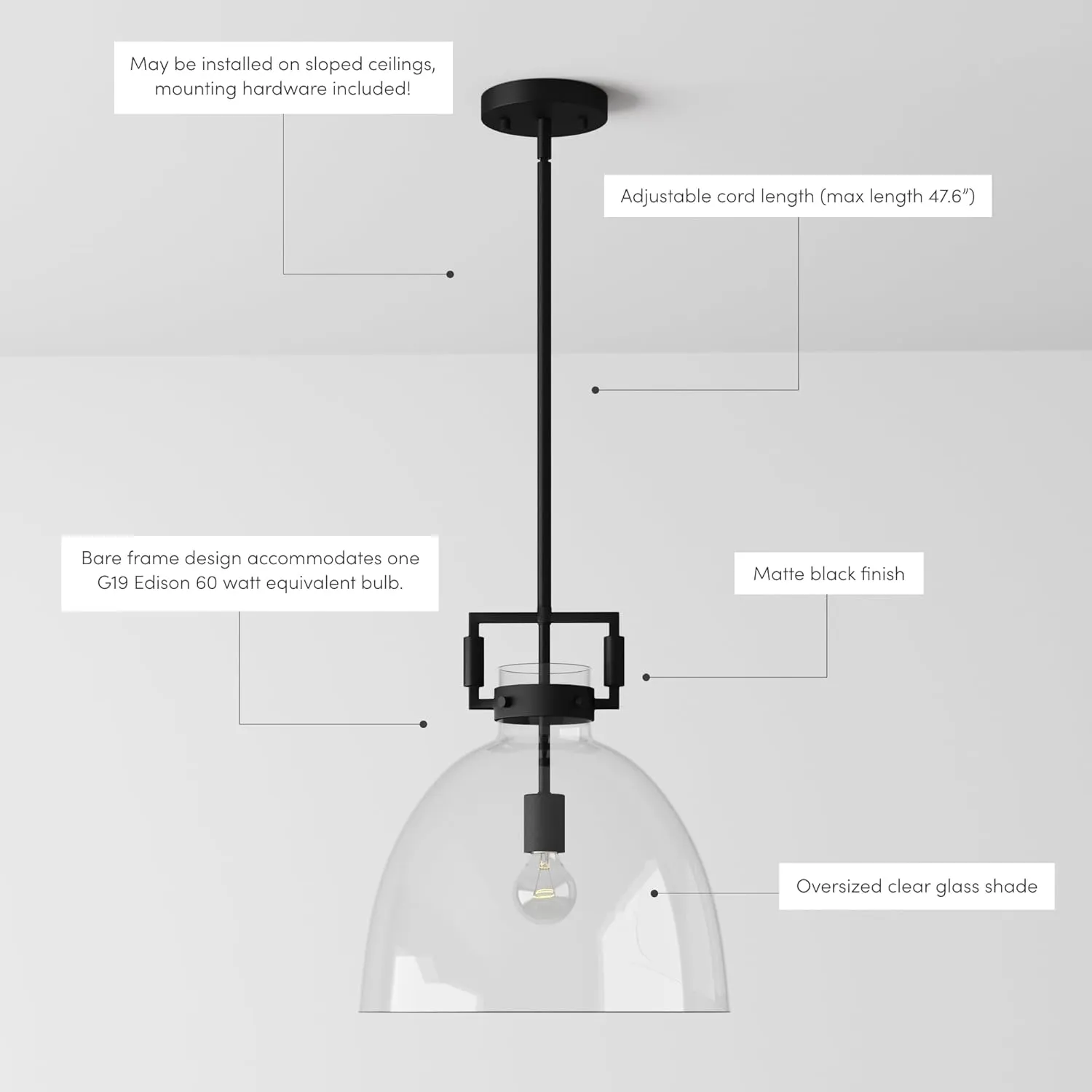 Nathan James Leigh Pendant Lighting, Black Hanging Ceiling Light with Oversized Glass Shade and Adjustable Cord, for Kitchen Island or Entryway, Matte Black/Clear
