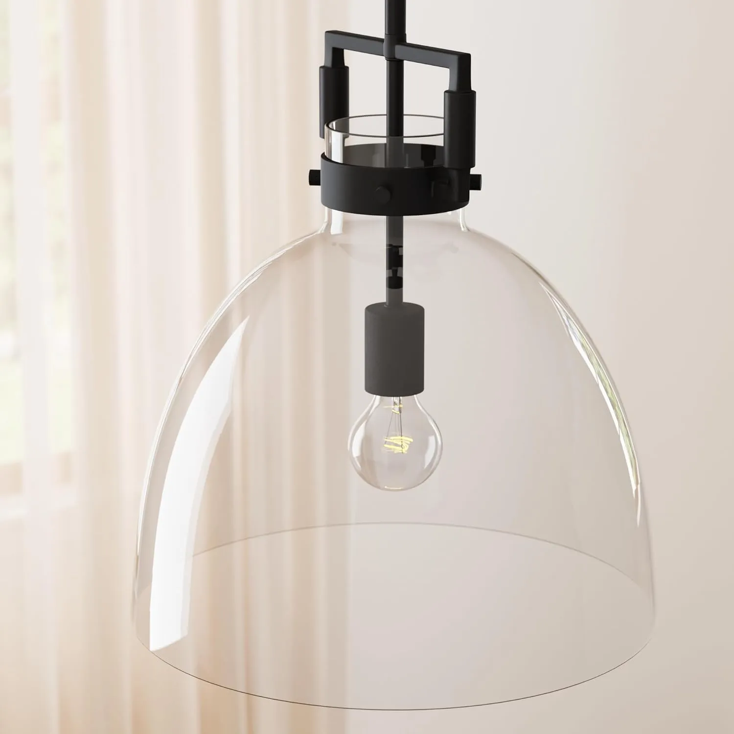 Nathan James Leigh Pendant Lighting, Black Hanging Ceiling Light with Oversized Glass Shade and Adjustable Cord, for Kitchen Island or Entryway, Matte Black/Clear