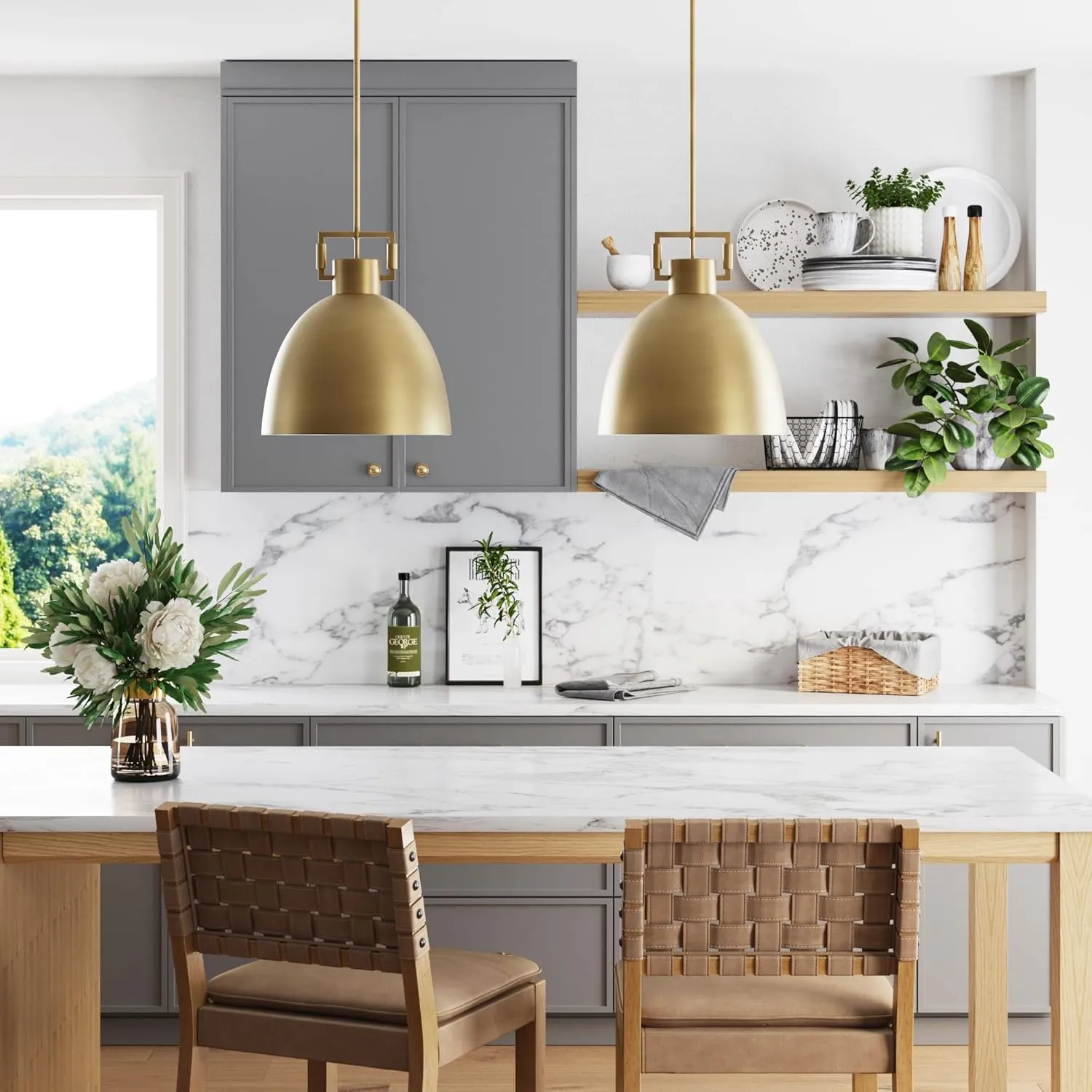 Nathan James Leigh Pendant Lighting, Hanging Ceiling Light with Oversized Metal Shade and Adjustable Cord, for Kitchen Island or Entryway, Antiqued Brass