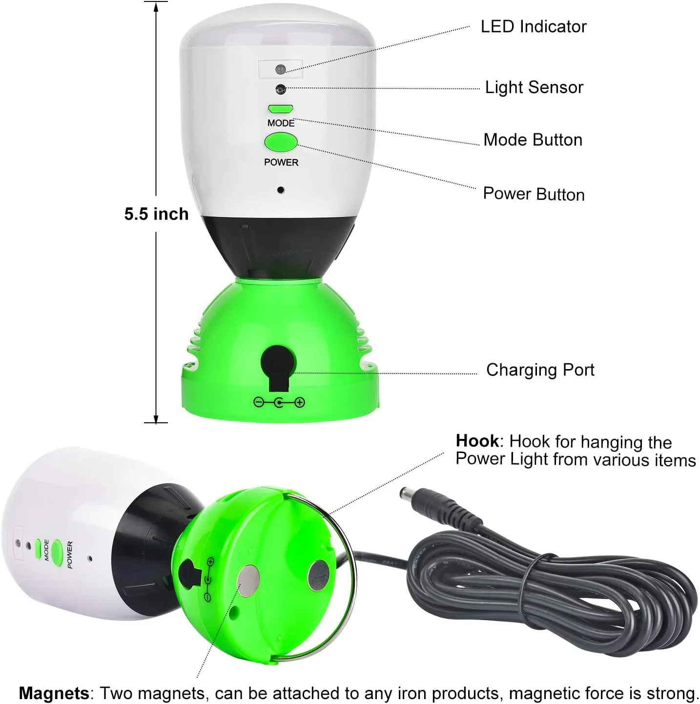 Nature's Generator Power Light with 10ft Cable and DC Adapter,400 Lumen,5 Watt LED Light with Two Modes and Smart Light Sensin