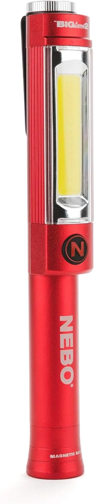 NEBO Big Larry 2 Work Light | 500 Lumens, 4 Light Modes, Magnetic LED Flashlight & Portable COB Task Lamp, Battery Powered, Pocket Clip, Water Resistant, Includes 3x AA Batteries — Red