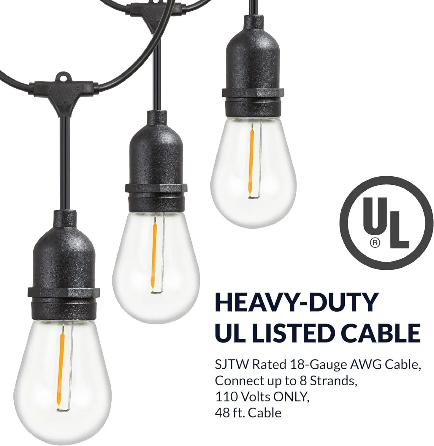 Newhouse Lighting Outdoor String Lights with Hanging Sockets Weatherproof Technology Heavy Duty 48-foot Cord 18 Lights Bulbs Included (1 Free Replacement), Black