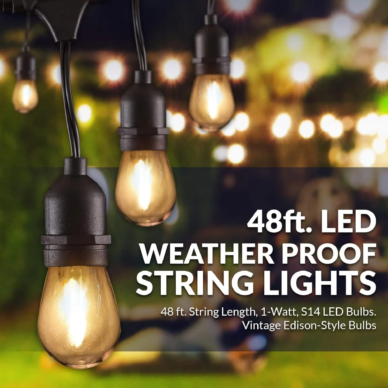 Newhouse Lighting Outdoor String Lights with Hanging Sockets Weatherproof Technology Heavy Duty 48-foot Cord 18 Lights Bulbs Included (1 Free Replacement), Black