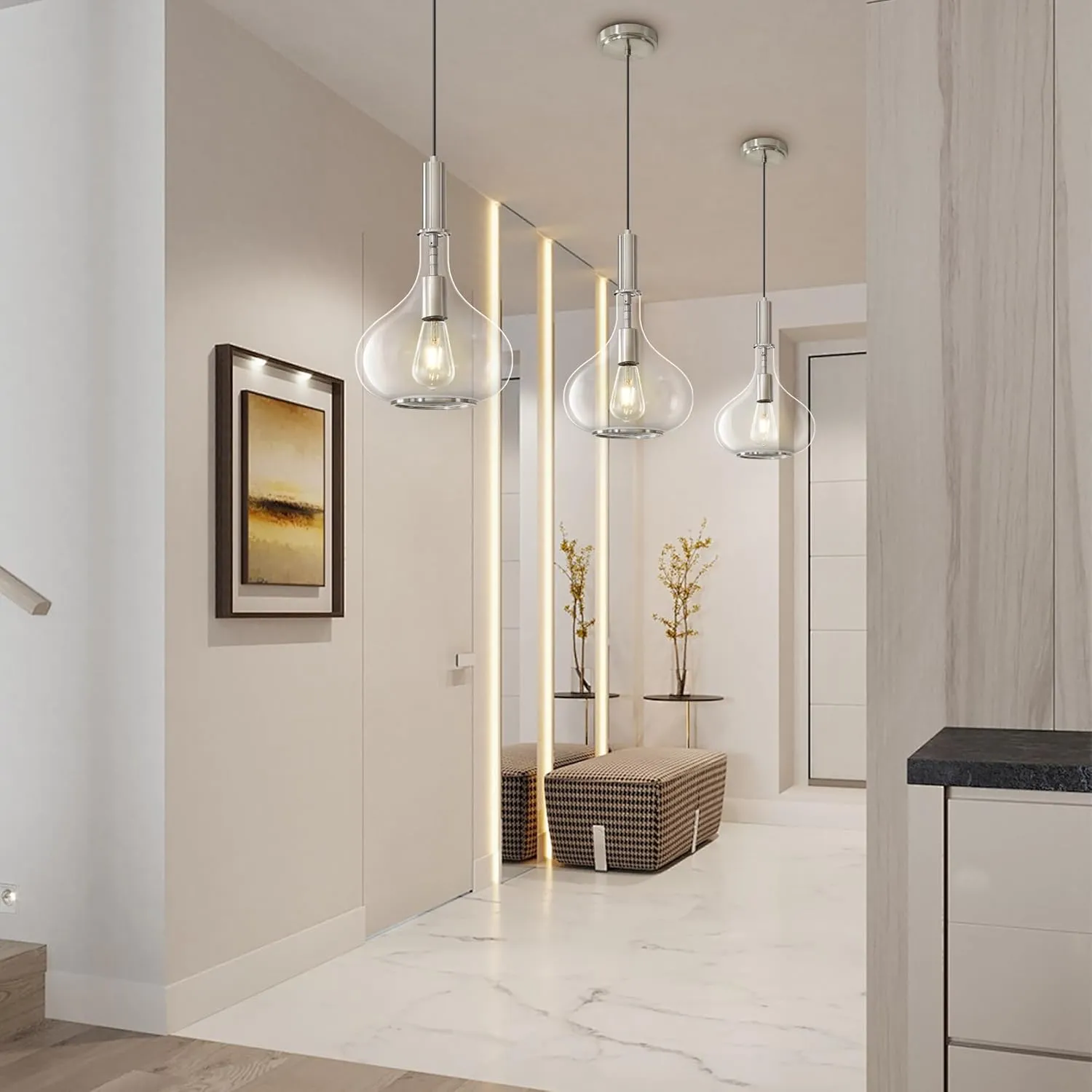 Nickel Pendant Light Fixtures, Pendant Lights Kitchen Island with Clear Glass, 1 Light Hanging Ceiling Lights for Kitchen Island, Dining Room, Bedroom, Hallway, Farmhouse