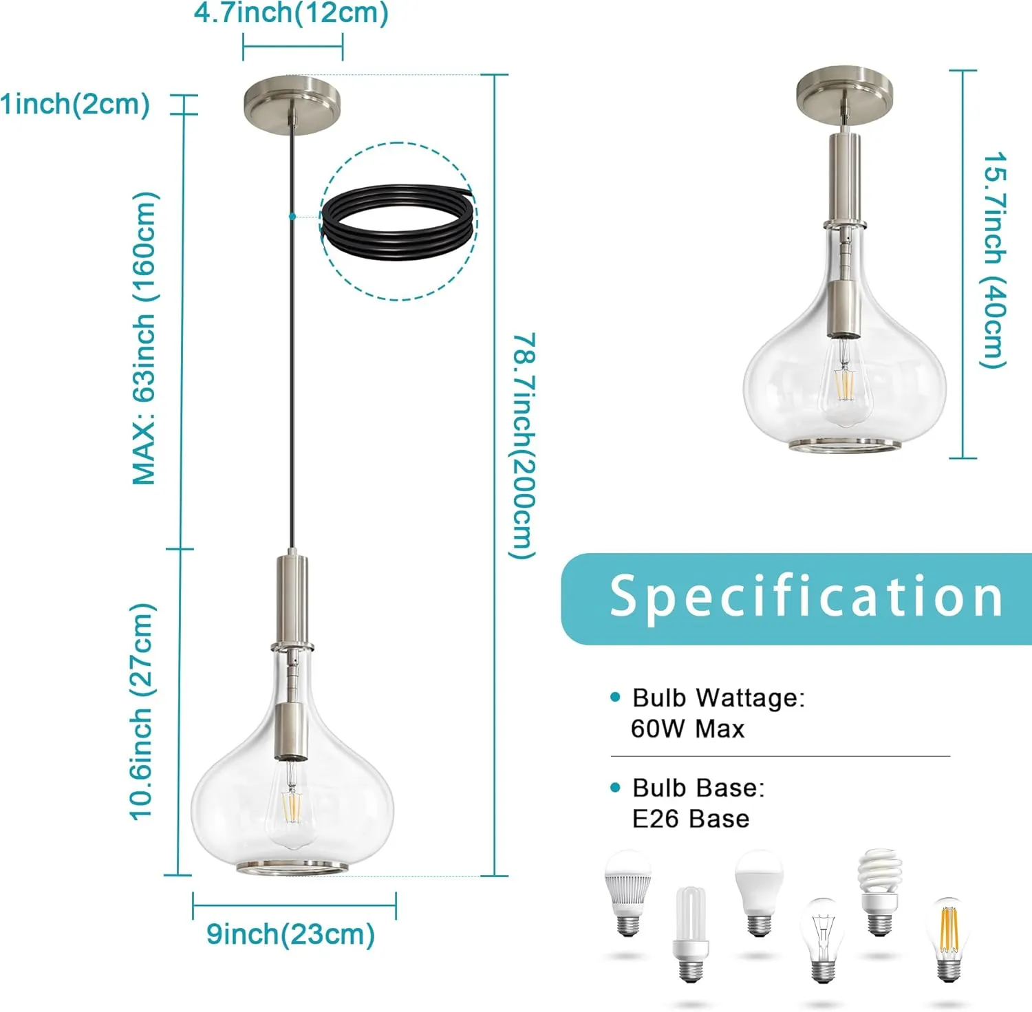 Nickel Pendant Light Fixtures, Pendant Lights Kitchen Island with Clear Glass, 1 Light Hanging Ceiling Lights for Kitchen Island, Dining Room, Bedroom, Hallway, Farmhouse