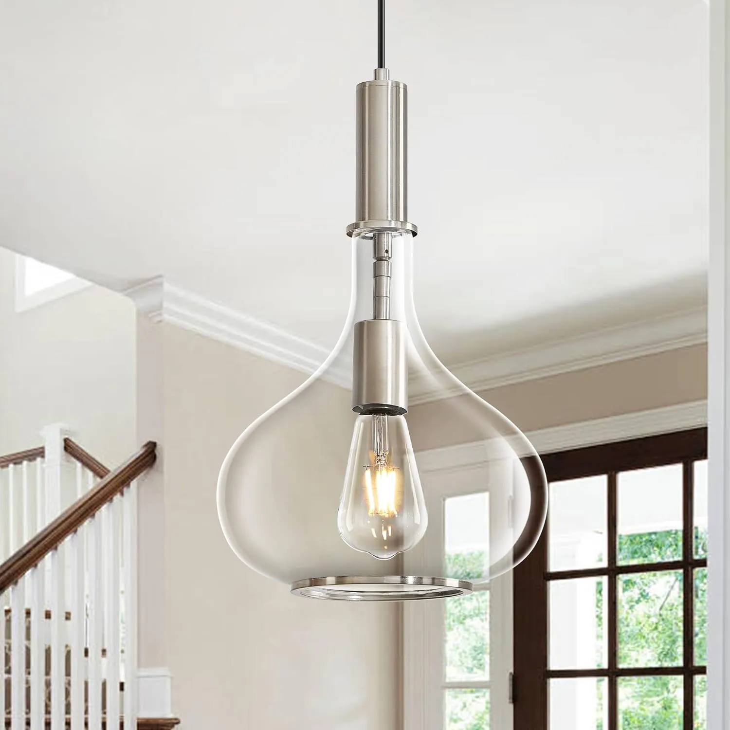 Nickel Pendant Light Fixtures, Pendant Lights Kitchen Island with Clear Glass, 1 Light Hanging Ceiling Lights for Kitchen Island, Dining Room, Bedroom, Hallway, Farmhouse