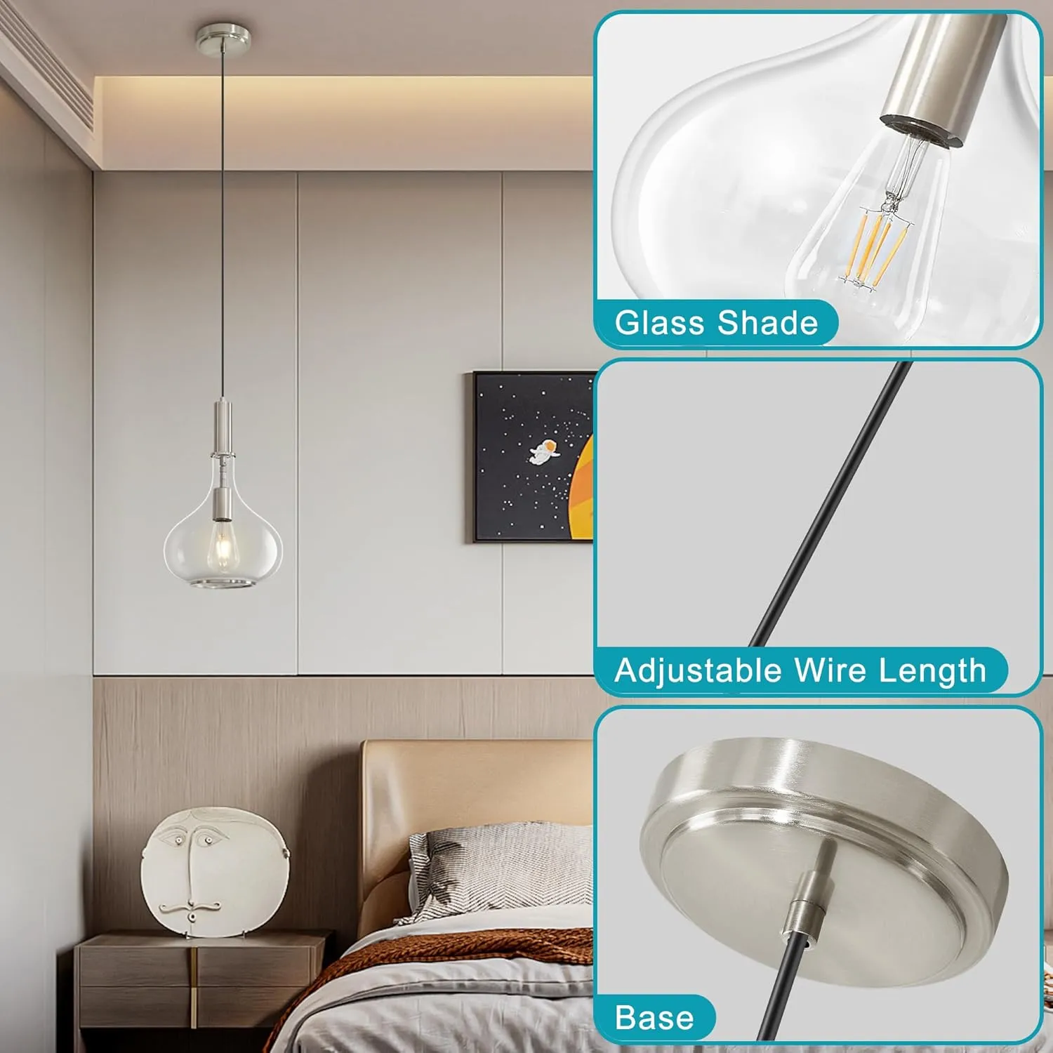 Nickel Pendant Light Fixtures, Pendant Lights Kitchen Island with Clear Glass, 1 Light Hanging Ceiling Lights for Kitchen Island, Dining Room, Bedroom, Hallway, Farmhouse