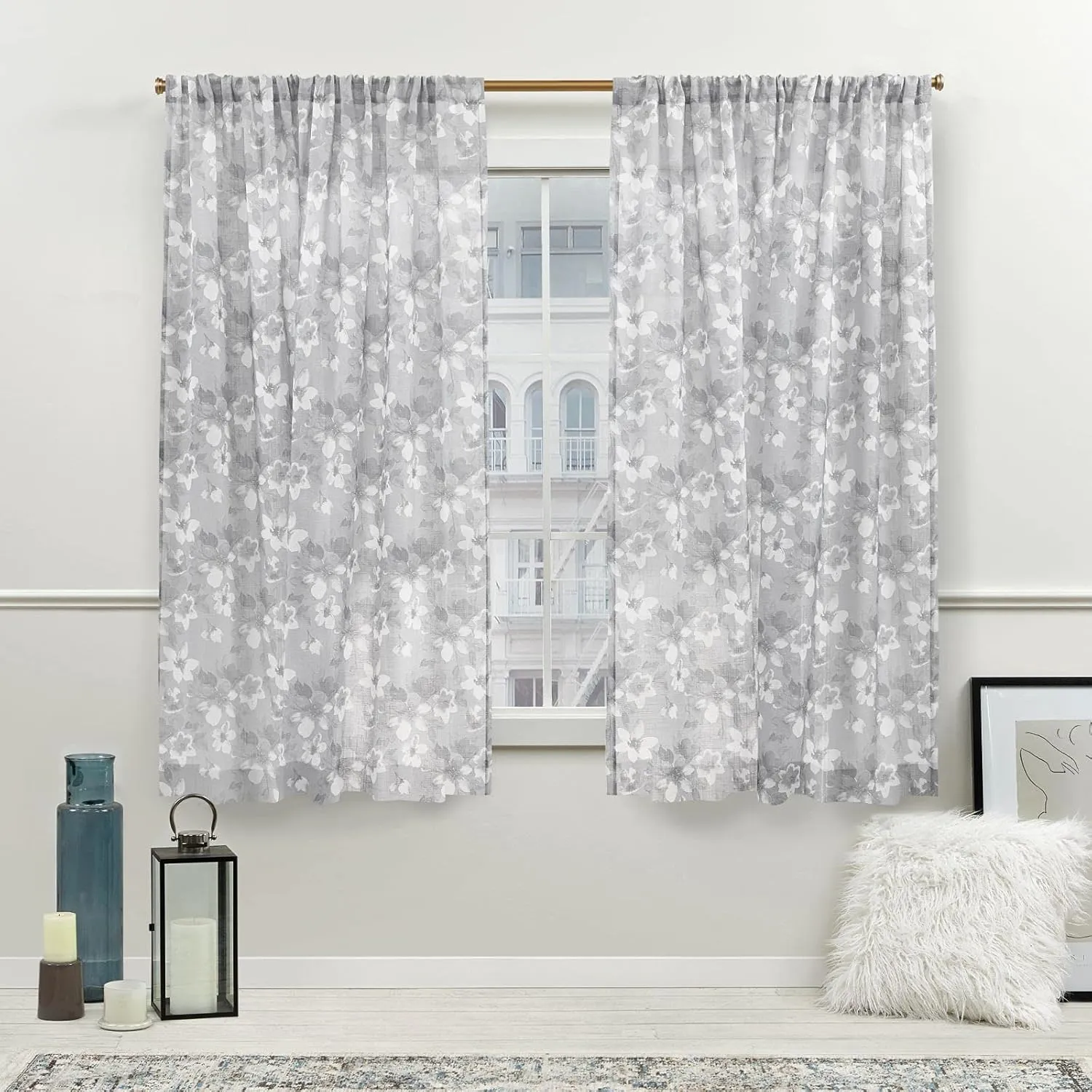 Nicole Miller New York Dara Light Filtering, Semi Sheer Rod Pocket Curtain Panels, 54"x63", Grey, Set of 2
