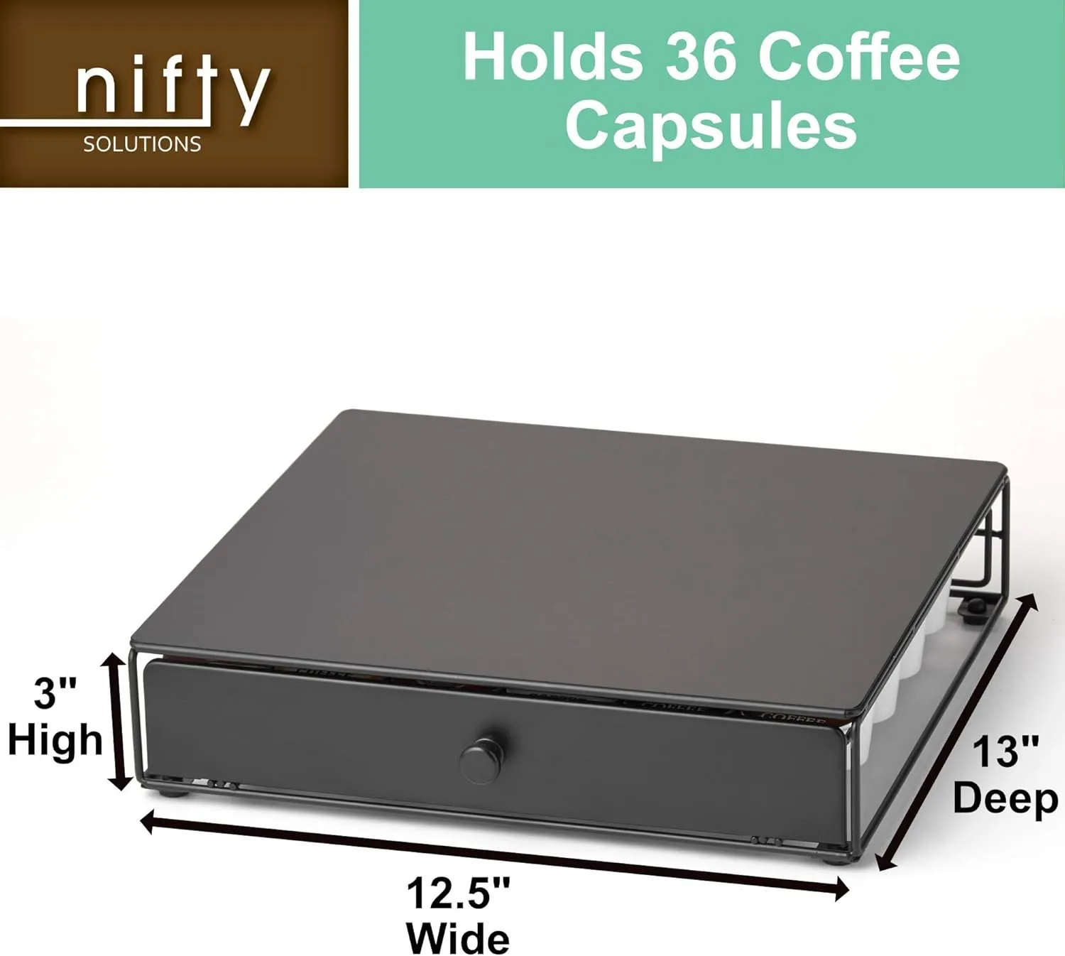 Nifty Coffee Pod Drawer – Compatible with K-Cups, 36 Pod Pack Holder, Non-Rolling, Compact Under Coffee Pot Storage Sliding Drawer, Home Kitchen Counter Organizer, Black