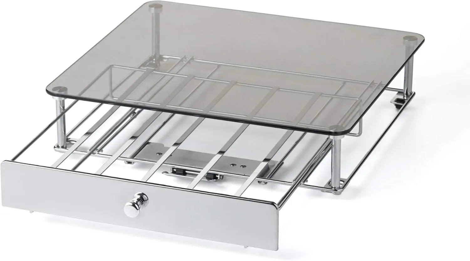 Nifty Rolling Coffee Pod Drawer - Glass Top & Chrome Finish, Compatible with K-Cups, 36 Pod Pack Holder, Compact Under Coffee Pot Storage Drawer, Slim Home Kitchen Counter Organizer