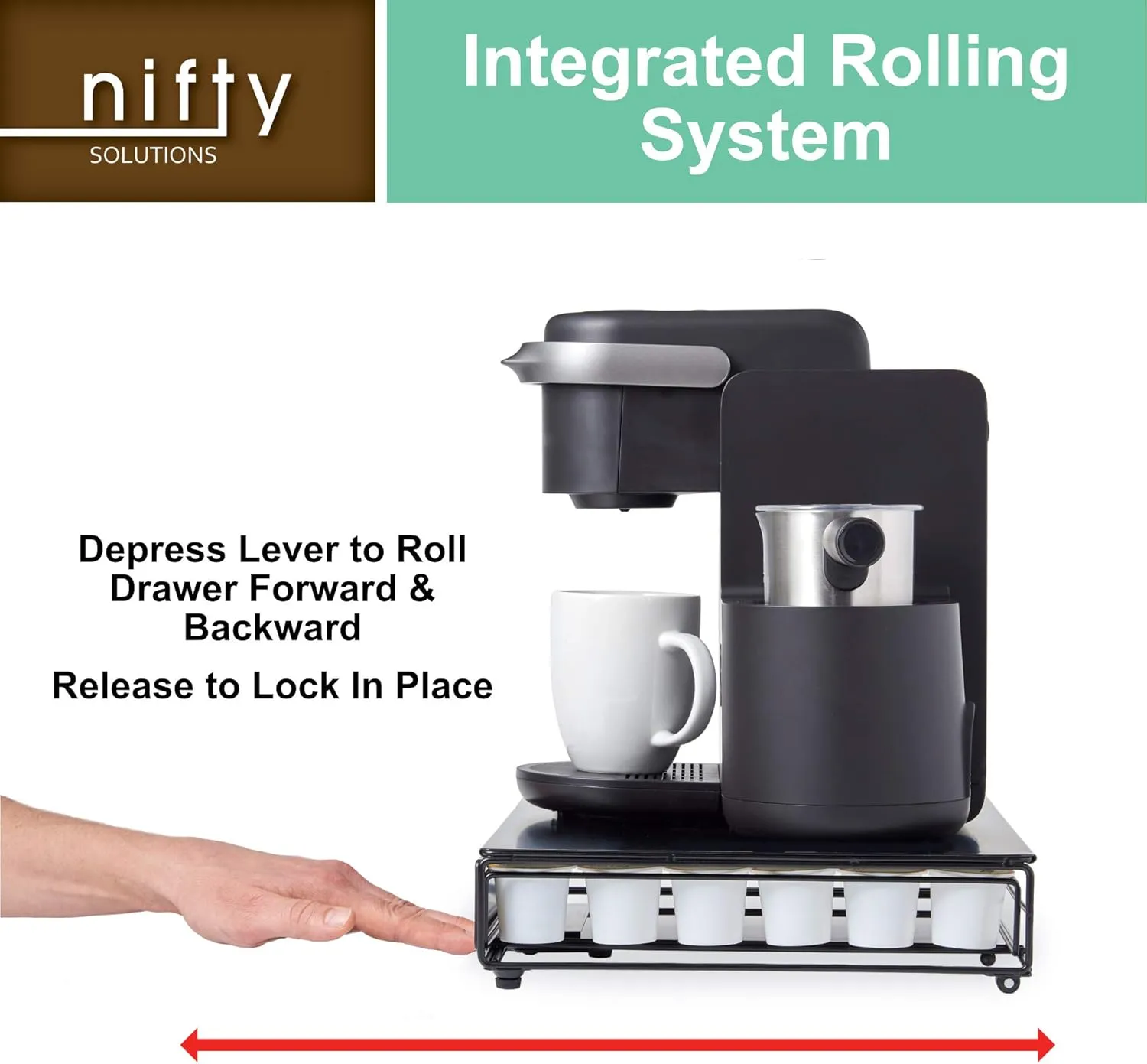 Nifty Rolling Coffee Pod Drawer - Glass Top & Chrome Finish, Compatible with K-Cups, 36 Pod Pack Holder, Compact Under Coffee Pot Storage Drawer, Slim Home Kitchen Counter Organizer