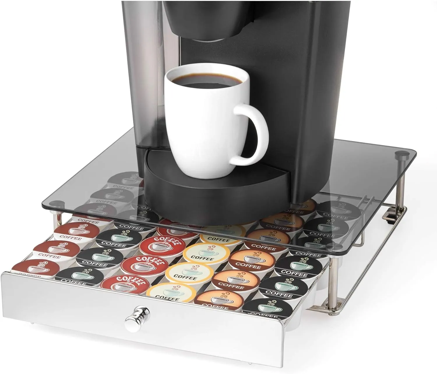 Nifty Rolling Coffee Pod Drawer - Glass Top & Chrome Finish, Compatible with K-Cups, 36 Pod Pack Holder, Compact Under Coffee Pot Storage Drawer, Slim Home Kitchen Counter Organizer