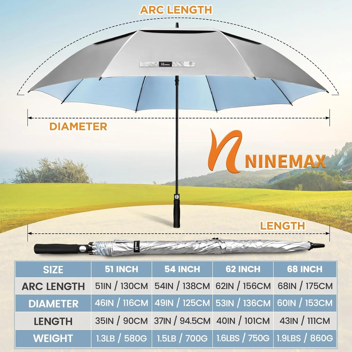 NINEMAX 51/54/62/68 Inch Golf Umbrella UV Potection, Auto Open Large UV Umbrellas Sun Blocking Double Canopy Vented Windproof for Sun Rain
