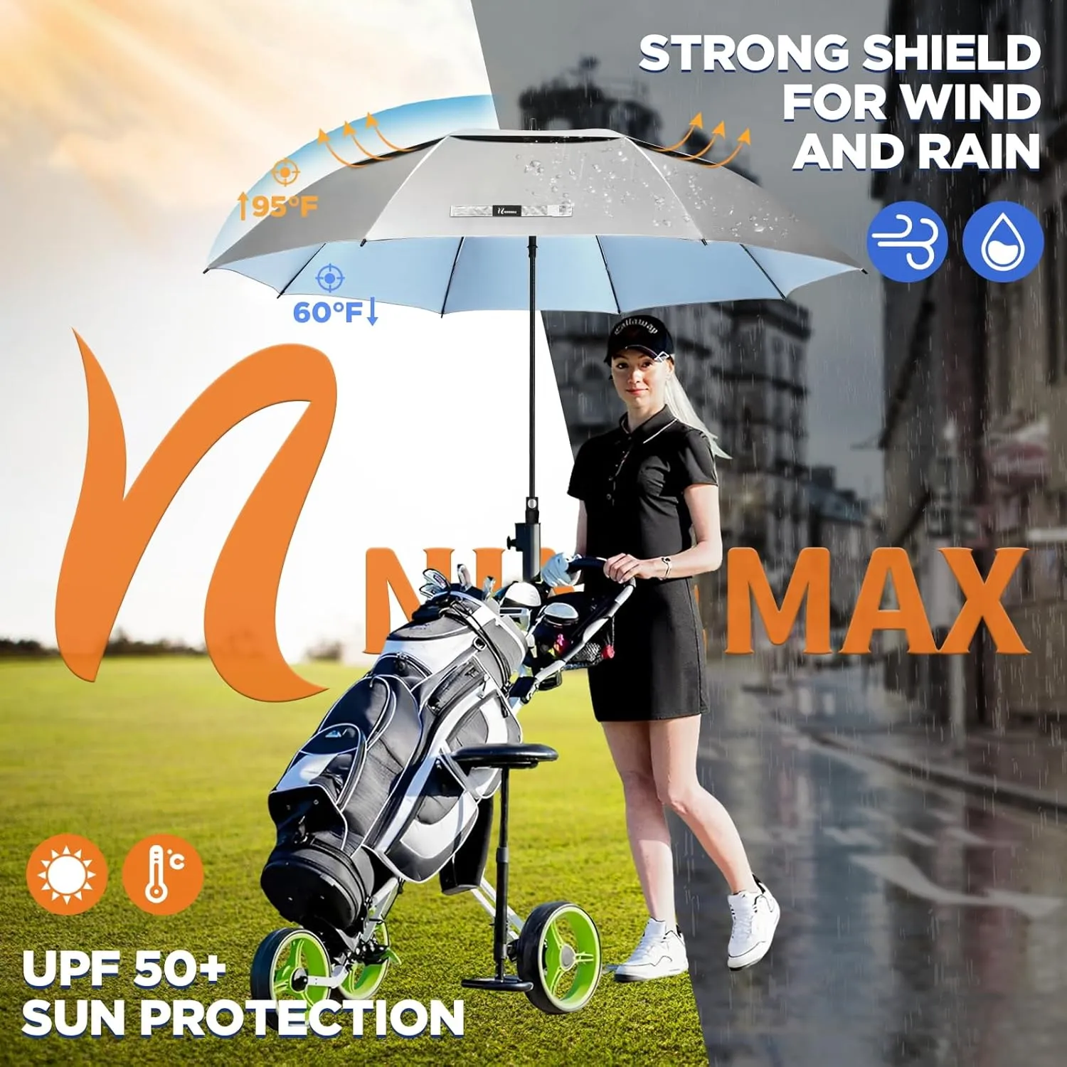 NINEMAX 51/54/62/68 Inch Golf Umbrella UV Potection, Auto Open Large UV Umbrellas Sun Blocking Double Canopy Vented Windproof for Sun Rain