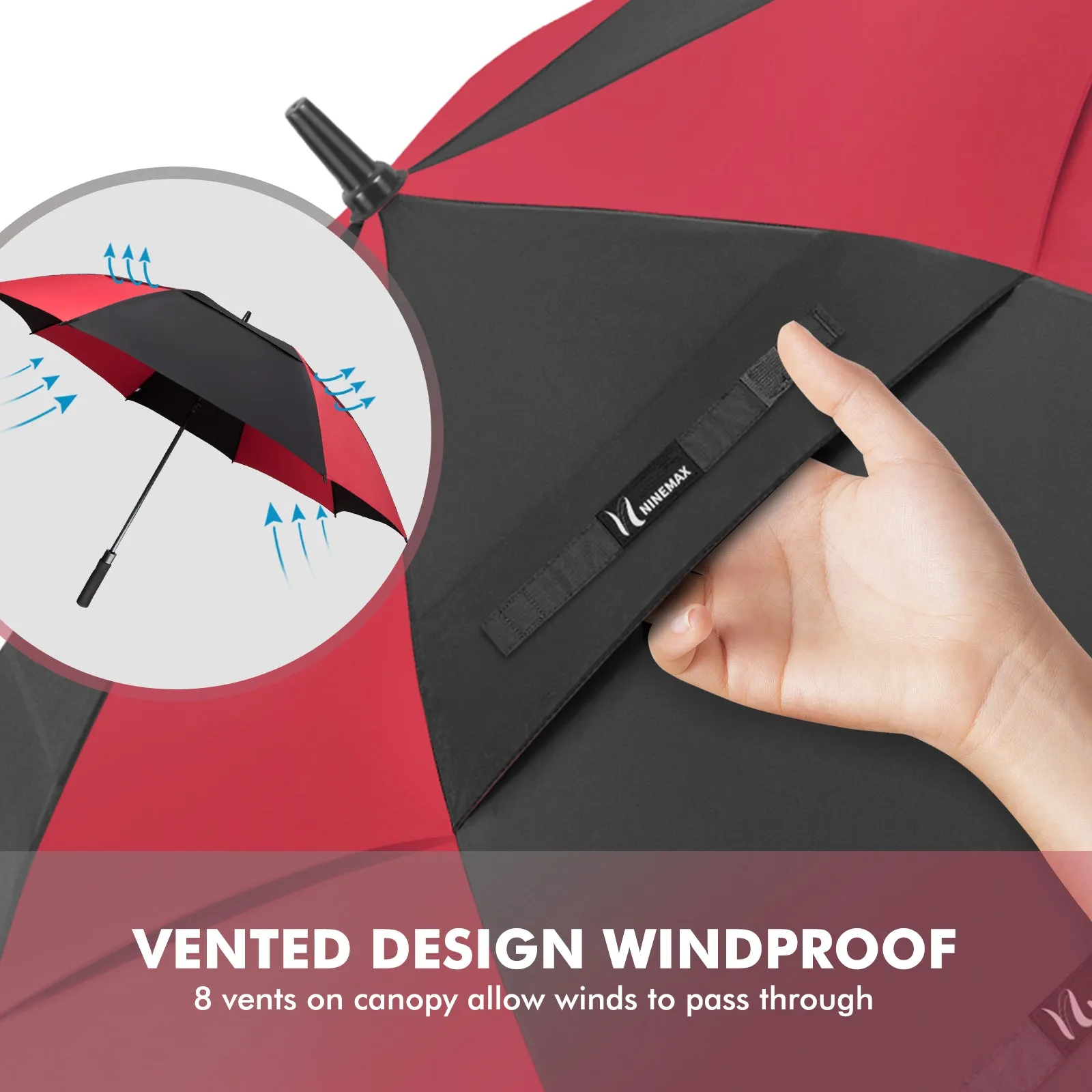 NINEMAX Golf Umbrella 54 Inch Automatic Open, Large Double Canopy Vented Oversize Stick Umbrellas Extra Large Windproof Waterproof for Rain(Black/Red New)