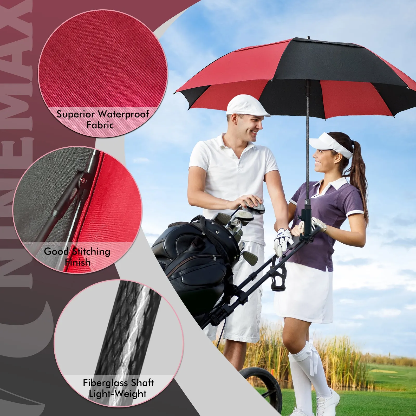 NINEMAX Golf Umbrella 54 Inch Automatic Open, Large Double Canopy Vented Oversize Stick Umbrellas Extra Large Windproof Waterproof for Rain(Black/Red New)