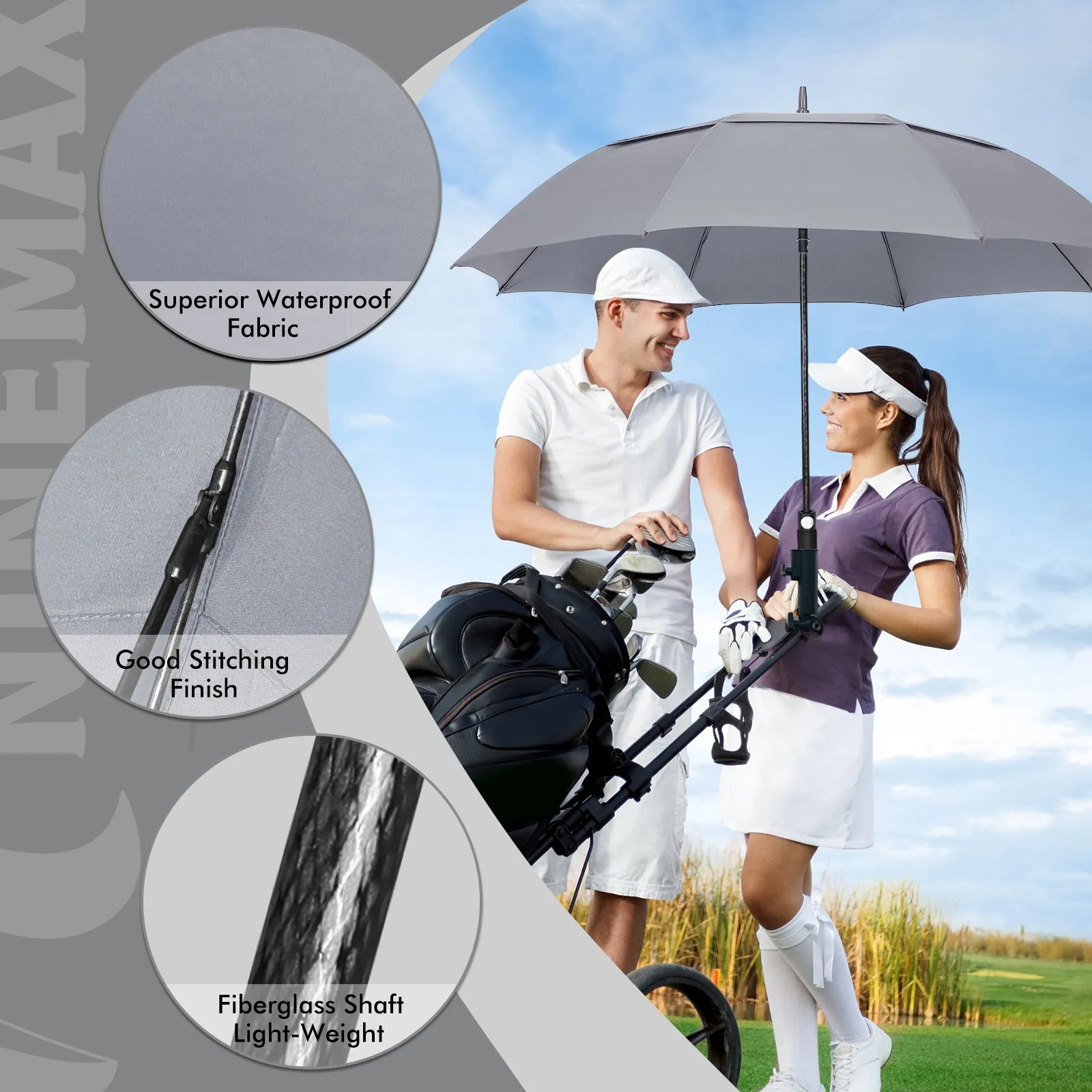 NINEMAX Golf Umbrella 68 Inch Automatic Open, Large Double Canopy Vented Oversize Stick Umbrellas Extra Large Windproof Waterproof for Rain(Grey)