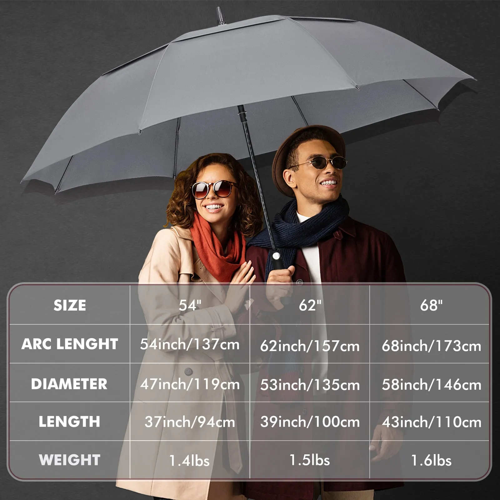 NINEMAX Golf Umbrella 68 Inch Automatic Open, Large Double Canopy Vented Oversize Stick Umbrellas Extra Large Windproof Waterproof for Rain(Grey)
