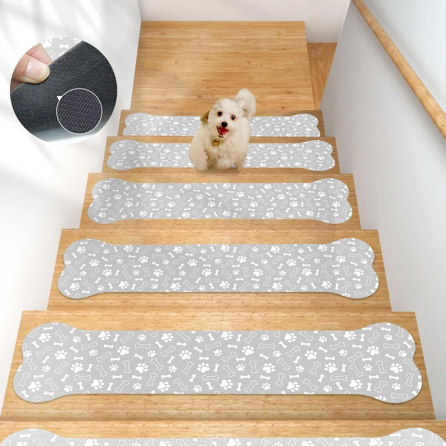 Non Slip Stair Treads for Wooden Steps, Rubber Backing Bone Shape Stair Treads Set of 15, 8x30 Inch Safety Step Mat for Kids, Elders and Pets, Easy Clean and Reusable