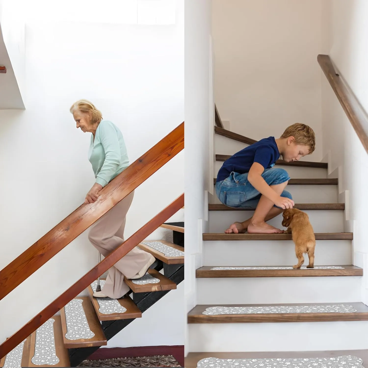 Non Slip Stair Treads for Wooden Steps, Rubber Backing Bone Shape Stair Treads Set of 15, 8x30 Inch Safety Step Mat for Kids, Elders and Pets, Easy Clean and Reusable