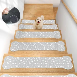Non Slip Stair Treads for Wooden Steps, Rubber Backing Bone Shape Stair Treads Set of 15, 8x30 Inch Safety Step Mat for Kids, Elders and Pets, Easy Clean and Reusable