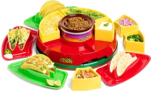 Nostalgia Taco Tuesday Heated Lazy Susan Taco Bar Serving Set for a Party with 4 Tortilla Holders, Fondue Pot for Burritos, Nachos, and Fajitas - 20 Oz. - Red