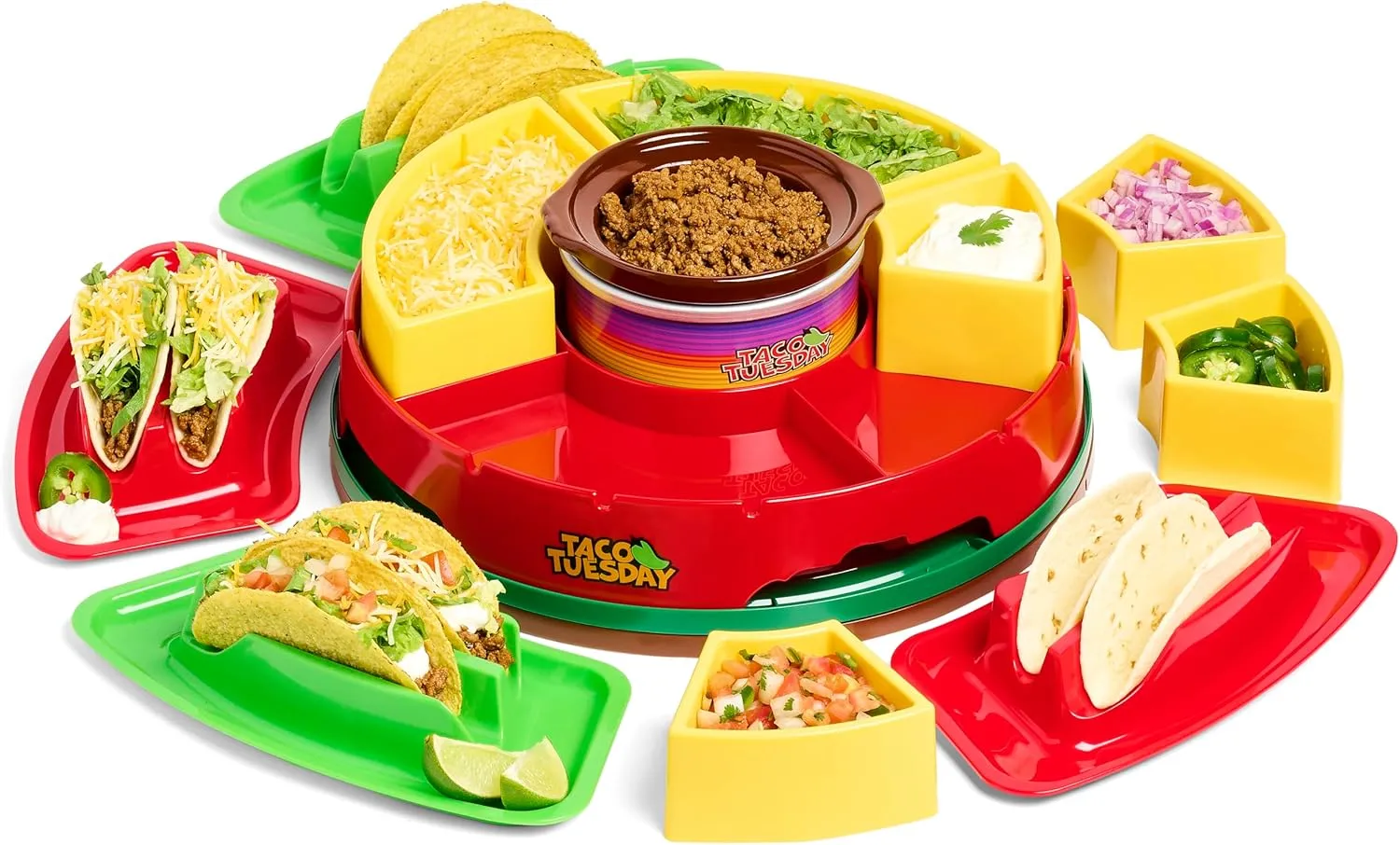 Nostalgia Taco Tuesday Heated Lazy Susan Taco Bar Serving Set for a Party with 4 Tortilla Holders, Fondue Pot for Burritos, Nachos, and Fajitas - 20 Oz. - Red