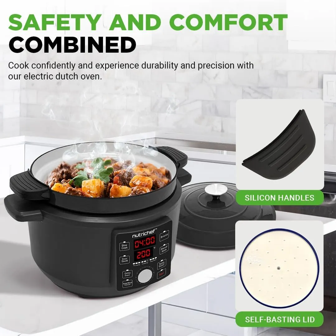 Nutrichef 6 Quart Electric Dutch Oven | 1500W 5-in-1 Enamel Coated Cast Iron Pot with Stainless Steel Lid | Precise Temperature Control | Includes 2 Silicone Pot Holders & Heat Resistant Pad | Black