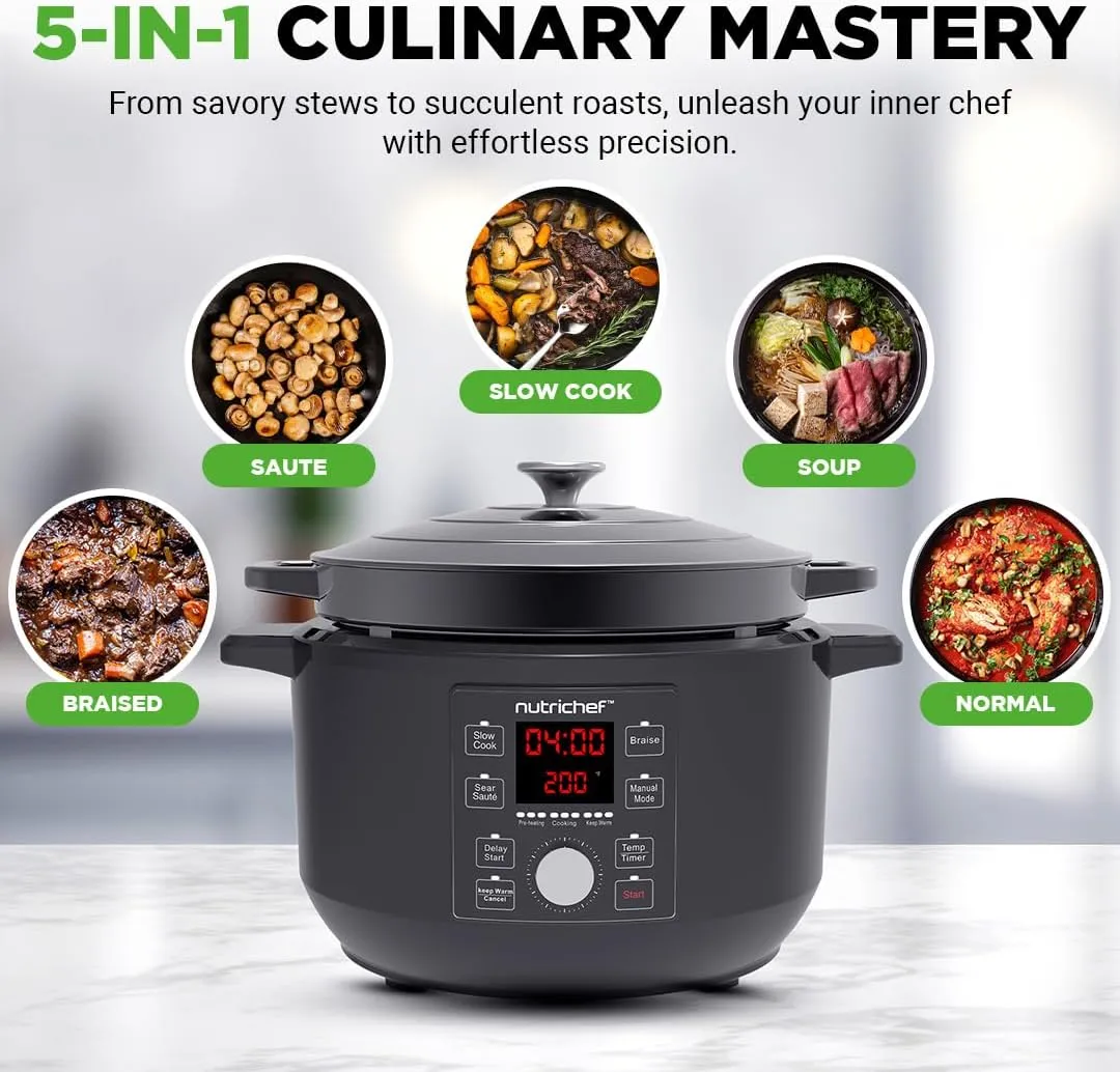 Nutrichef 6 Quart Electric Dutch Oven | 1500W 5-in-1 Enamel Coated Cast Iron Pot with Stainless Steel Lid | Precise Temperature Control | Includes 2 Silicone Pot Holders & Heat Resistant Pad | Black