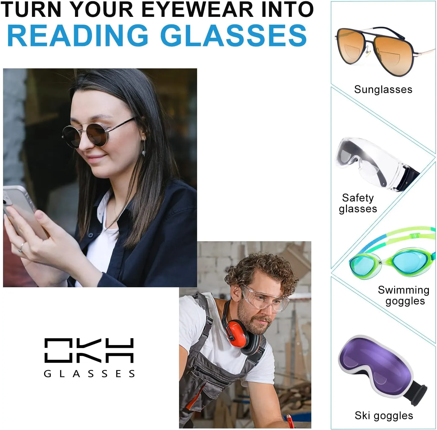 OKH Stick-on Bifocal Lenses, Convert Sunglasses, Goggles, or Glasses into Magnified Readers, Reusable, No Water Needed
