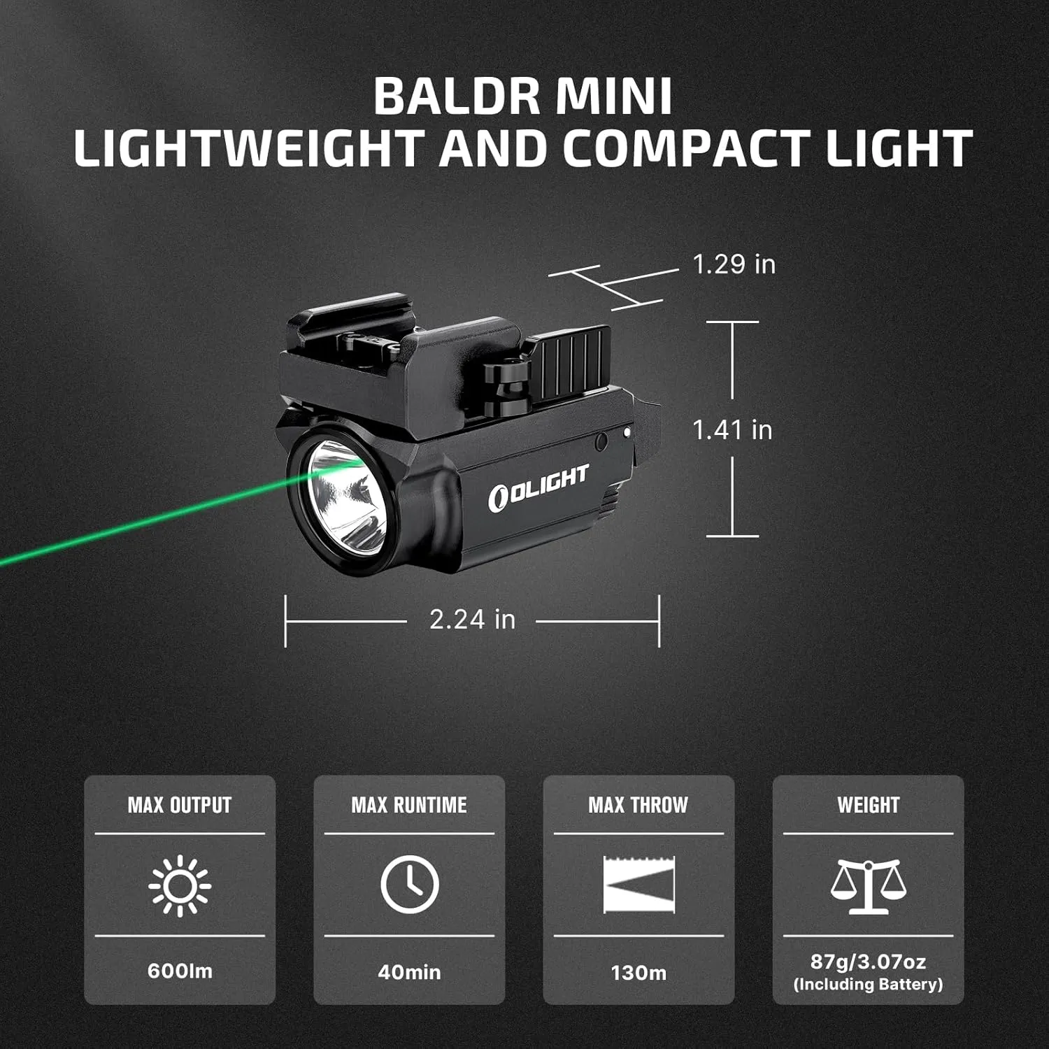 OLIGHT Baldr Mini 600 Lumens Rechargeable Weaponlight with Green Beam and White LED Combo, Magnetic USB Compact Tactical Flashlight with Adjustable Rail for G19, G45, Sig P320, and so on(Black)