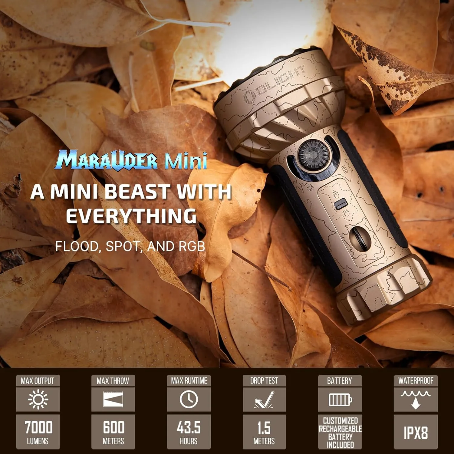 OLIGHT Marauder Mini 7,000 Lumens Bright Flashlight with 600 Meters Beam Distance, Powerful RGB Lights, Magnetic Rechargeable for Outdoors Work, Hunting, and Searching(Desert Terrain)