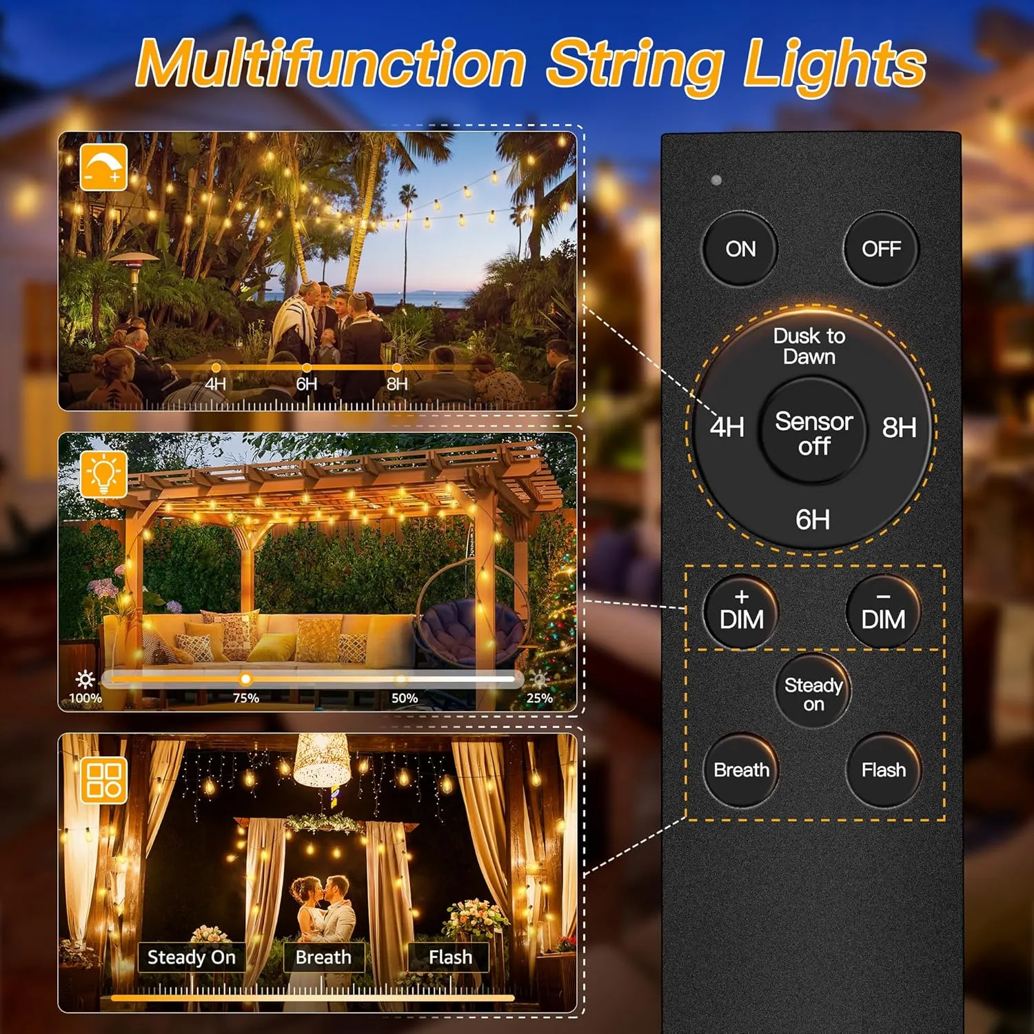 Ollny S11 50FT Outdoor String Lights with Remote, 3 Modes Dimmable Timers Waterproof Connectable Outside Lights, 24 2 LED Spare Bulbs Dusk to Dawn Hanging Light for Yard Balcony Camping Gazebo Garden