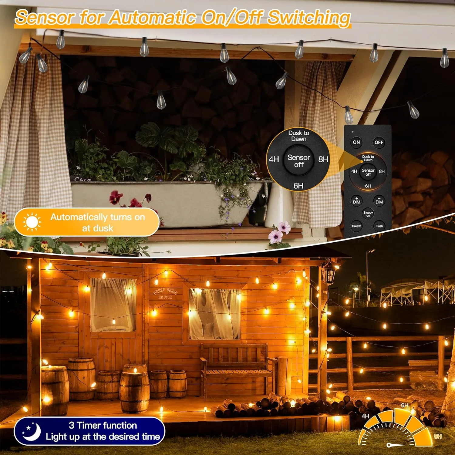 Ollny S11 50FT Outdoor String Lights with Remote, 3 Modes Dimmable Timers Waterproof Connectable Outside Lights, 24 2 LED Spare Bulbs Dusk to Dawn Hanging Light for Yard Balcony Camping Gazebo Garden