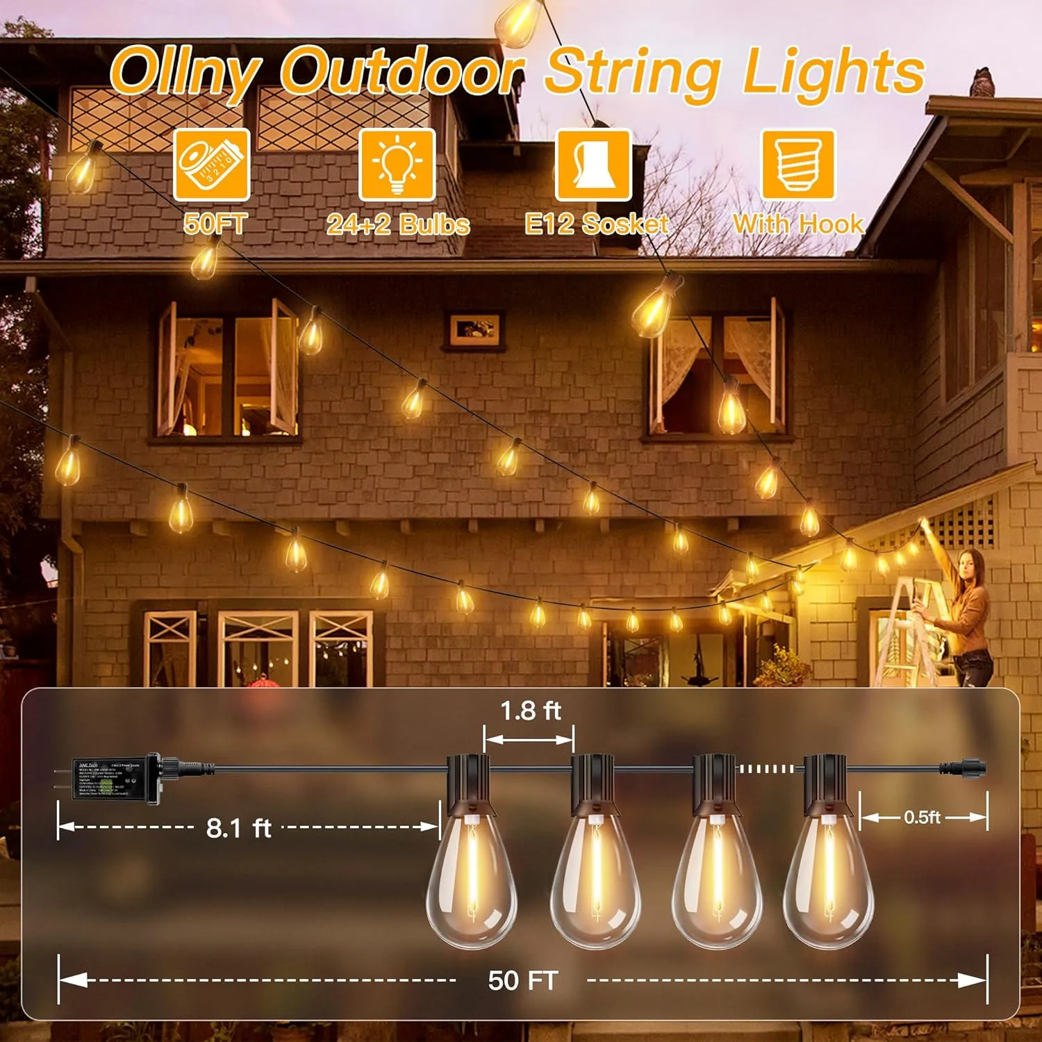 Ollny S11 50FT Outdoor String Lights with Remote, 3 Modes Dimmable Timers Waterproof Connectable Outside Lights, 24 2 LED Spare Bulbs Dusk to Dawn Hanging Light for Yard Balcony Camping Gazebo Garden