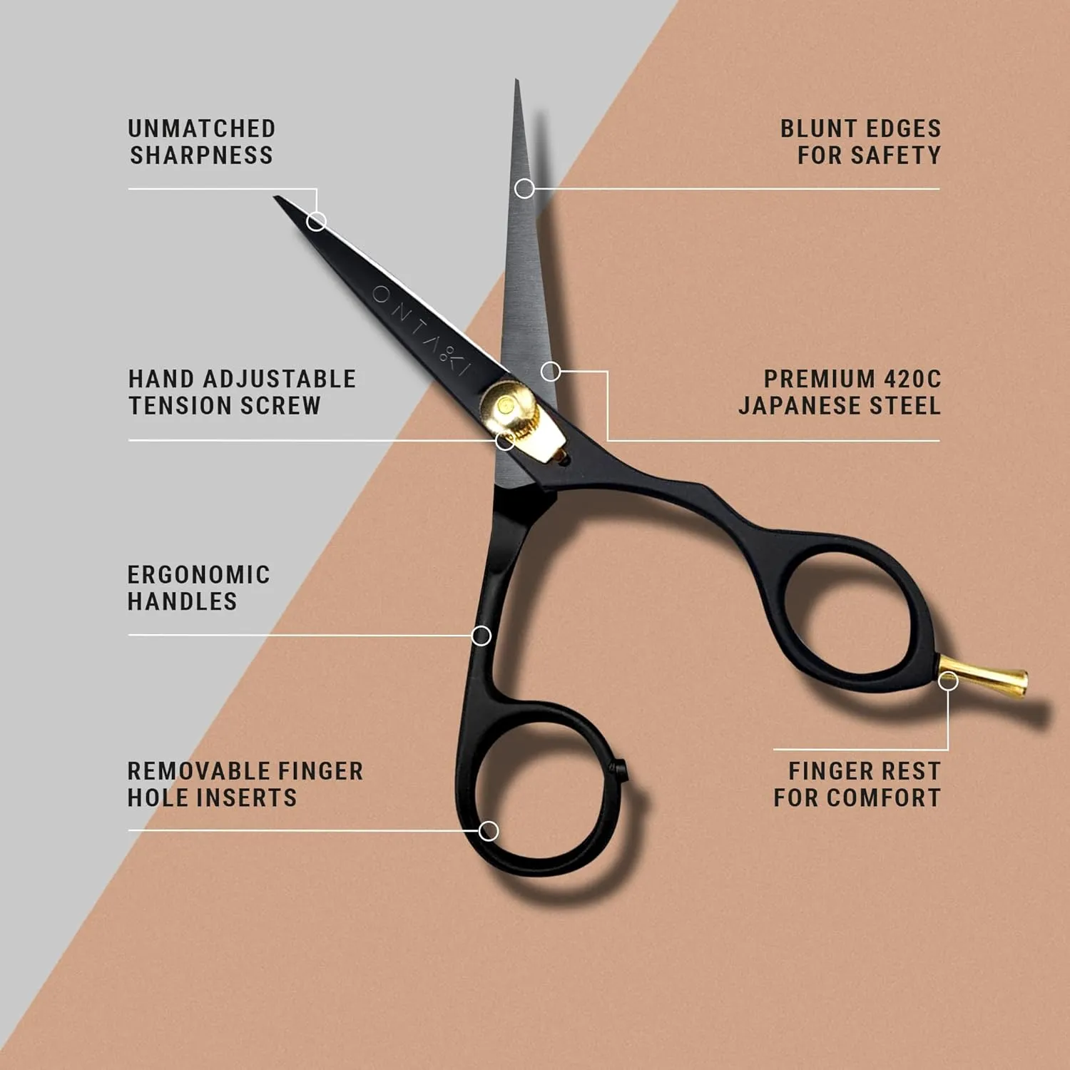 Ontaki 5.5” Japanese Steel Mustache & Beard Scissors for Men with Comb & Carrying Pouch - Hand Forged, Ergonomic Bent Handles Design - Facial Hair Scissors (Ergonomic Black, Right Hand)