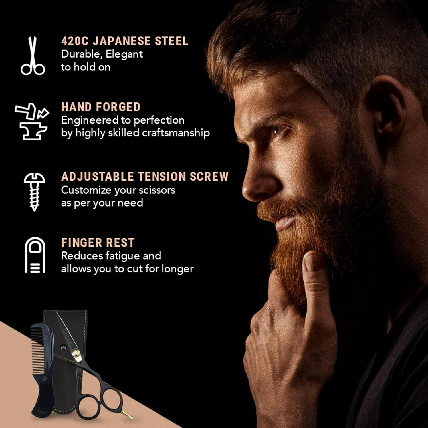 Ontaki 5.5” Japanese Steel Mustache & Beard Scissors for Men with Comb & Carrying Pouch - Hand Forged, Ergonomic Bent Handles Design - Facial Hair Scissors (Ergonomic Black, Right Hand)