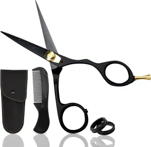 Ontaki 5.5” Japanese Steel Mustache & Beard Scissors for Men with Comb & Carrying Pouch - Hand Forged, Ergonomic Bent Handles Design - Facial Hair Scissors (Ergonomic Black, Right Hand)