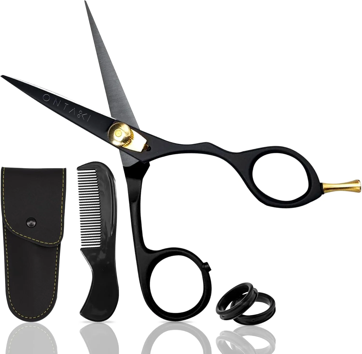 Ontaki 5.5” Japanese Steel Mustache & Beard Scissors for Men with Comb & Carrying Pouch - Hand Forged, Ergonomic Bent Handles Design - Facial Hair Scissors (Ergonomic Black, Right Hand)