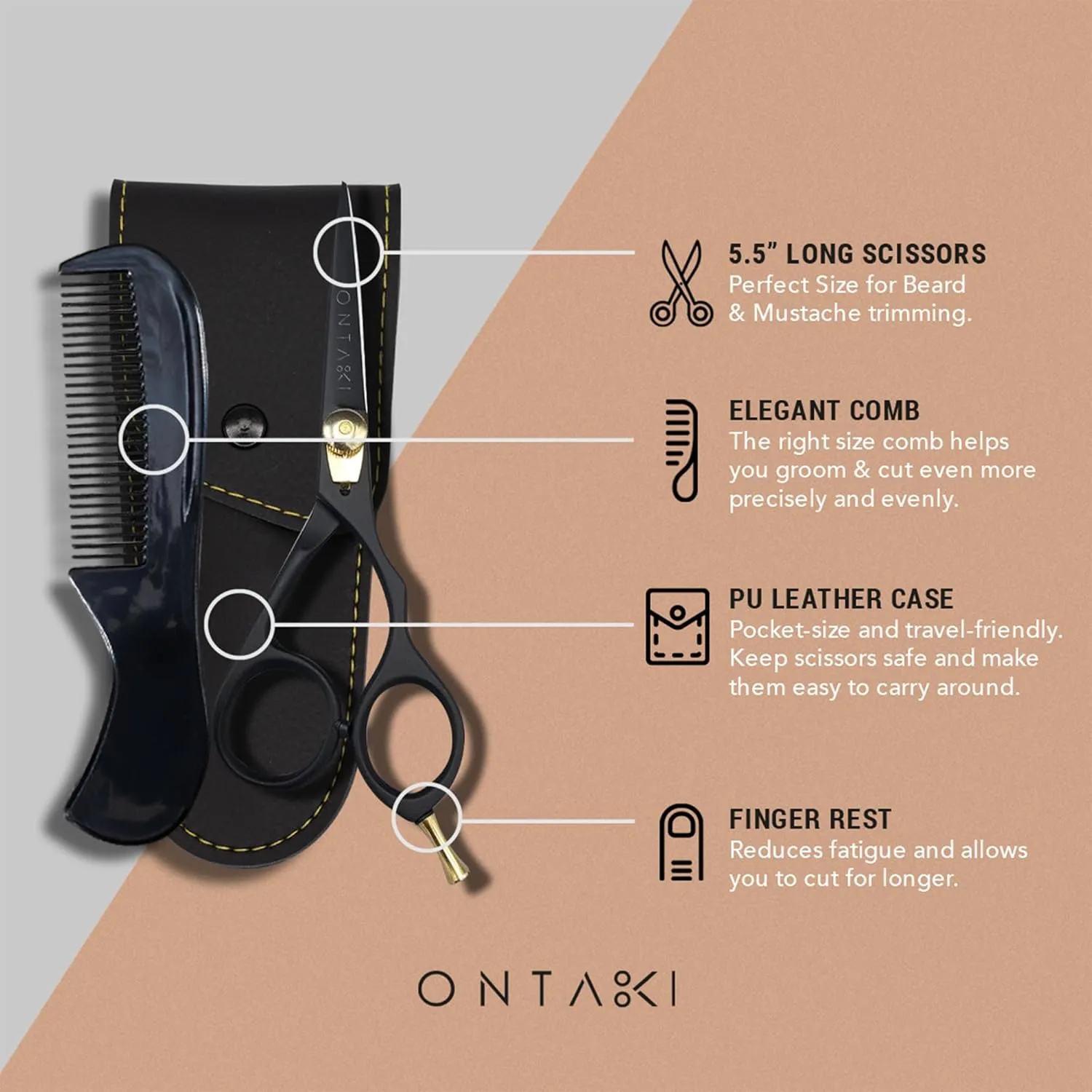 Ontaki 5.5” Japanese Steel Mustache & Beard Scissors for Men with Comb & Carrying Pouch - Hand Forged, Ergonomic Bent Handles Design - Facial Hair Scissors (Ergonomic Black, Right Hand)