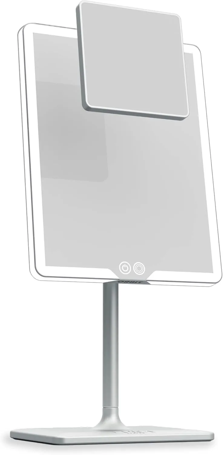 Orbit Mirror | Vanity Mirror with Lights, Makeup Mirror, LED Lighted Desk Mirror with Light for Tabletop 7X 1X Magnification Dimmable and Rechargeable | Chalk Grey