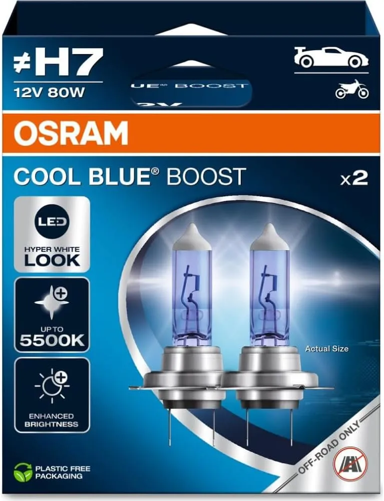 OSRAM COOL BLUE® BOOST, H7, halogen headlight lamps, up to 5500K, Hanging folding box (2 lamps), offroad use only