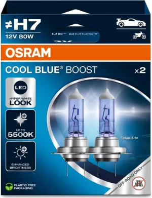 OSRAM COOL BLUE® BOOST, H7, halogen headlight lamps, up to 5500K, Hanging folding box (2 lamps), offroad use only
