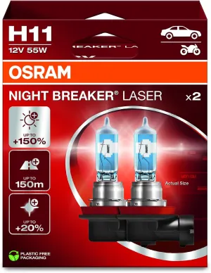 OSRAM NIGHT BREAKER LASER H11,  150% Brighter Halogen Headlight Lamp, 64211NL-2HB, 12V, Hanging Folding Box (2 Lamps)
