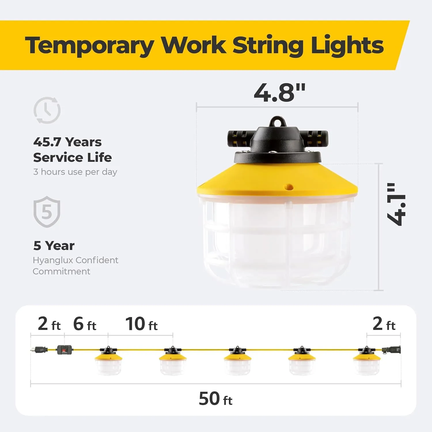 Outdoor Construction LED String Lights with Switch: 50FT 75w 10500lm ETL Certified Super Bright Industrial Temporary Lighting Hanging IP65 Waterproof Work Light for Attic Jobsite Garage
