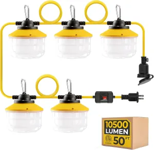 Outdoor Construction LED String Lights with Switch: 50FT 75w 10500lm ETL Certified Super Bright Industrial Temporary Lighting Hanging IP65 Waterproof Work Light for Attic Jobsite Garage
