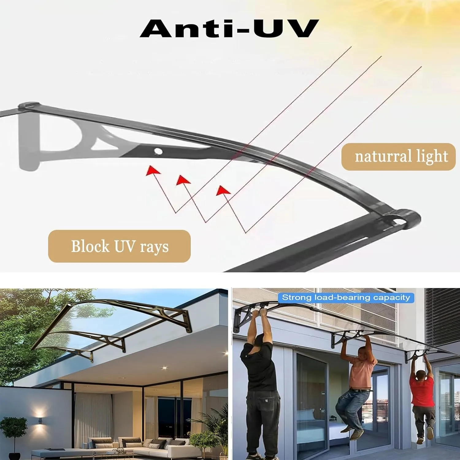 Outdoor Front Door Patio Sun Shetter,Window Awning with rain gutters, Door Window Garden Canopy,Block UV Rays,Rain and Snow,Reduce Noise(80x120cm/32x48in)