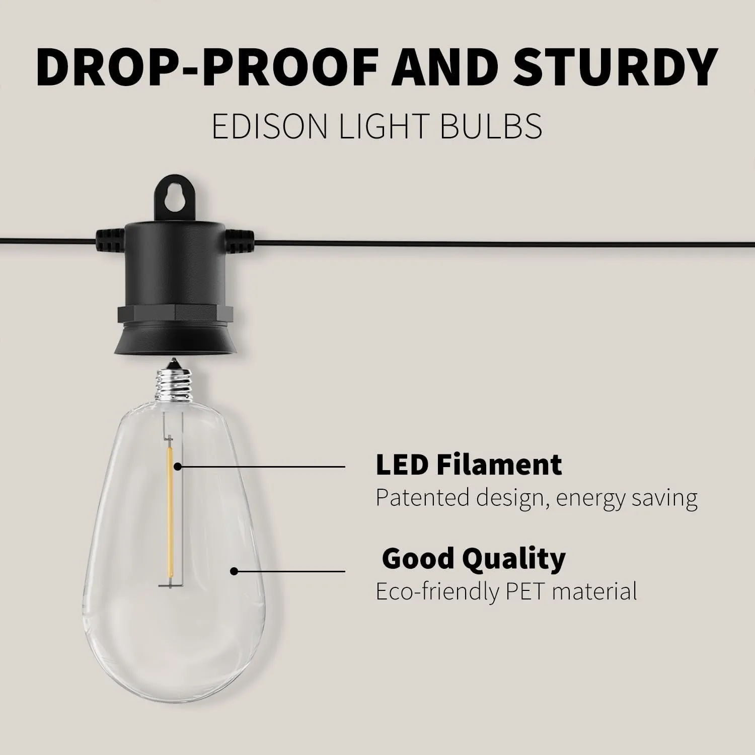 Outdoor String Lights 50ft IP65 Waterproof Patio Lights with 15   2 Shatterproof LED Bulbs Commercial Grade LED String Lights Connectable Hanging Decorative Lights for Outdoor Balcony Yard
