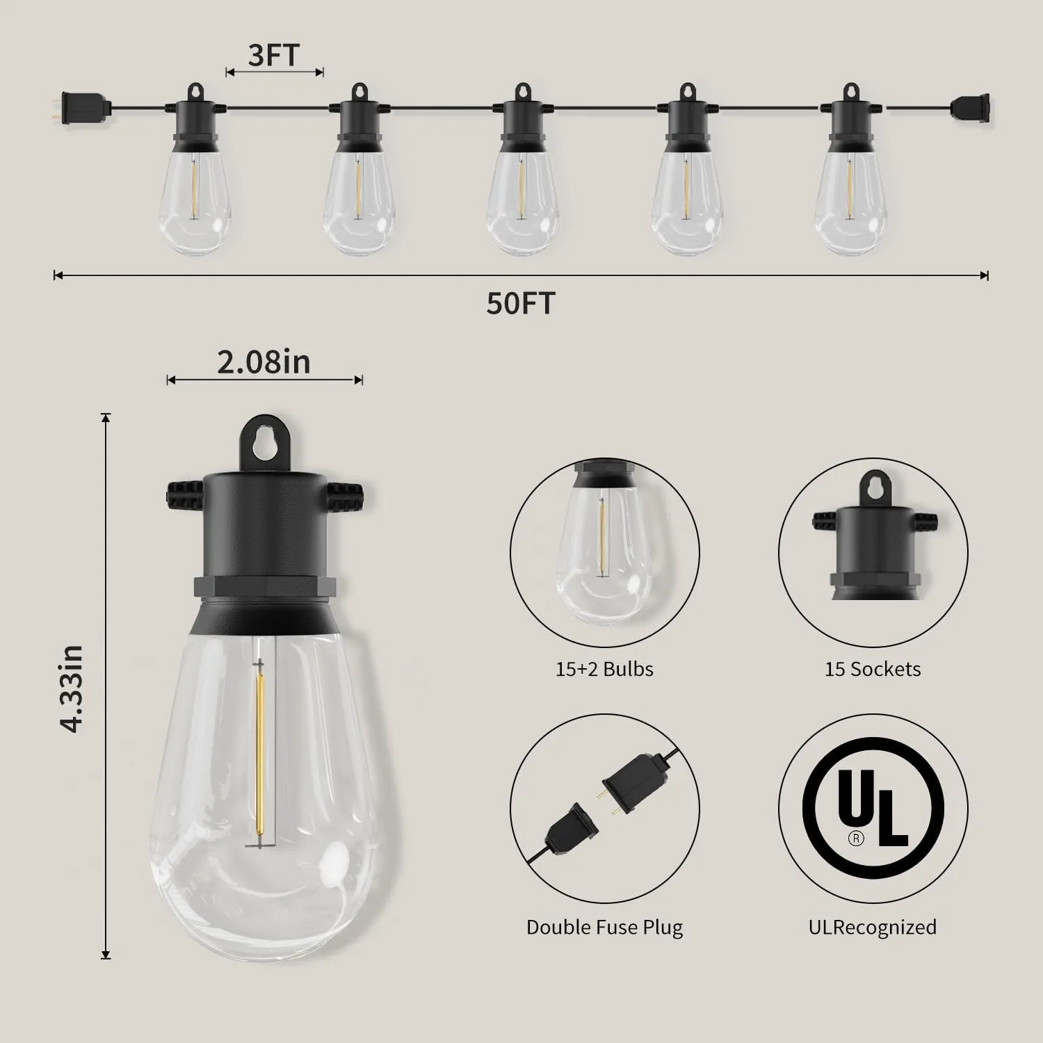 Outdoor String Lights 50ft IP65 Waterproof Patio Lights with 15   2 Shatterproof LED Bulbs Commercial Grade LED String Lights Connectable Hanging Decorative Lights for Outdoor Balcony Yard